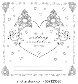 Vector wedding illustration.Template for invitation, thank you card, save the date. Beautiful hand drawn floral ornaments, vignettes in sketch style.