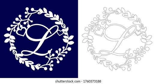 Vector wedding initial monogram for laser cutting. Letter L of the decorative monogram in a floral frame. The perfect gift for wedding day. Holiday decoration. Holiday frame, border. Vector template