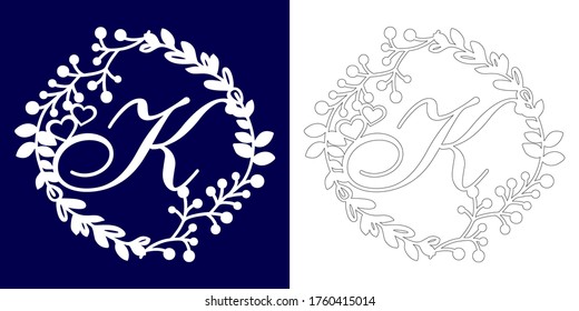Vector wedding initial monogram for laser cutting. Letter K of the decorative monogram in a floral frame. The perfect gift for wedding day. Holiday decoration. Holiday frame, border. Vector template
