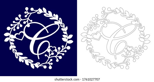Vector wedding initial monogram for laser cutting. Letter C of the decorative monogram in a floral frame. The perfect gift for wedding day. Holiday decoration. Holiday frame, border. Vector template