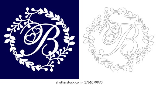 Vector wedding initial monogram for laser cutting. Letter B of the decorative monogram in a floral frame. The perfect gift for wedding day. Holiday decoration. Holiday frame, border. Vector template