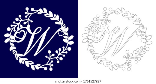 Vector wedding initial monogram for laser cutting. Letter W of the decorative monogram in a floral frame. The perfect gift for wedding day. Holiday decoration. Holiday frame, border. Vector template