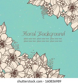 Vector wedding invitation with abstract flowers on a blue textural background.