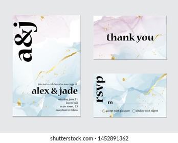 Vector wedding invitation alcohol ink card. Calligraphy artistic greeting card, holiday invitation in blue violet ink with gold foil glitter. Party design.