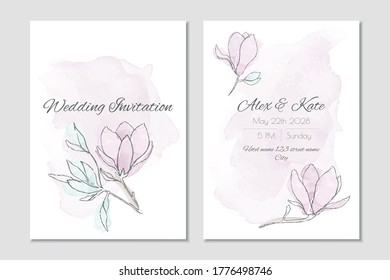 Invitación a la boda vectorial con hermosas magnolias acuarelas. Plantilla de dos lados