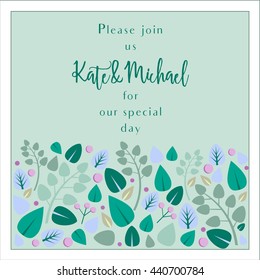 Vector wedding invitation with berries and leaves, colorful invitation