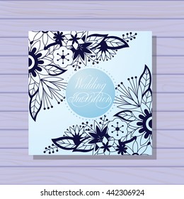 Vector wedding invitation blue colors bon wooden background