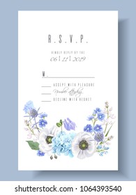 Vector wedding invitation with blue hydrangea and anemone flowers on white. R.S.V.P. card. Romantic floral design. Can be used for natural cosmetics, women products, greeting cards, summer background