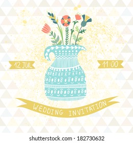 Vector wedding invitation with blue vase with different flowers and ribbons. Vintage hand drawing card