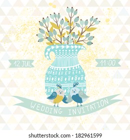 Vector wedding invitation with blue vase with bouquet, ribbons and two cute bird. 