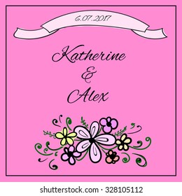 Vector wedding invitation. Bright pink  wedding card with flowers
