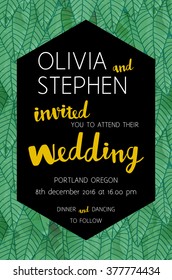 Vector wedding invitation. Calligraphy gold lettering. Tropical background with a pattern of palm leaves. Watercolor style