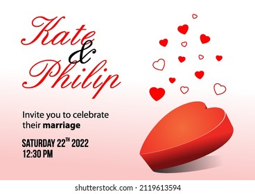 Tarjeta de invitación a la boda vectorial con forma de corazón 3d sobre fondo de gradiente rojo. Día de San Valentín
