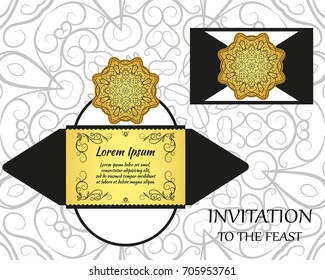Vector wedding invitation or card with abstract ornament mandala. Laser cut envelope template rectangle. Ethnic style laser cut wedding invitation