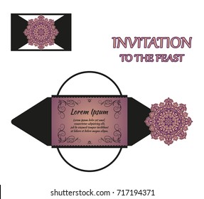 Vector wedding invitation or card with abstract ornament mandala. Laser cut envelope template rectangle. Ethnic style laser cut wedding invitation
