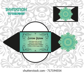 Vector wedding invitation or card with abstract ornament mandala. Laser cut envelope template rectangle. Ethnic style laser cut wedding invitation