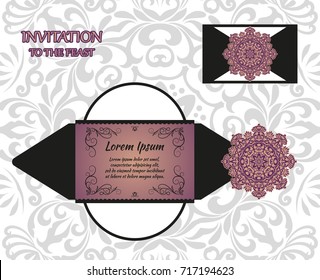 Vector wedding invitation or card with abstract ornament mandala. Laser cut envelope template rectangle. Ethnic style laser cut wedding invitation
