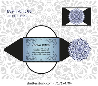 Vector wedding invitation or card with abstract ornament mandala. Laser cut envelope template rectangle. Ethnic style laser cut wedding invitation