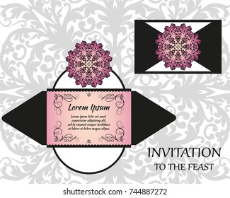 Vector wedding invitation or card with abstract ornament mandala. Laser cut envelope template rectangle. Ethnic style laser cut wedding invitation