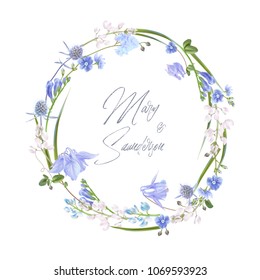 Vector wedding invitation card with with blue flower wreath isolated on white background. Floral design can be used for natural cosmetics, perfume, women products, greeting card, summer background