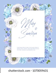 Vector wedding invitation card with with blue flower frame isolated on blue background. Floral design can be used for natural cosmetics, perfume, women products, greeting card, summer background