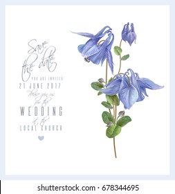 Vector wedding invitation card with elegant blue flowers isolated on white background. Can be used as floral design for natural cosmetics, perfume, health care products and greeting cards