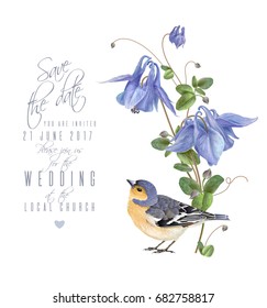 Vector wedding invitation card with elegant blue flowers and cute bird isolated on white background. Can be used as floral design for natural cosmetics, perfume, health care products, greeting cards