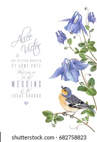 Vector wedding invitation card with elegant blue flowers and cute bird isolated on white background. Can be used as floral design for natural cosmetics, perfume, health care products, greeting cards