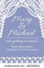Vector wedding invitation card. Floral background with lace ornament and text