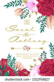 vector wedding invitation card with flowers, leaves, and ornament poster decorative background template design illustration