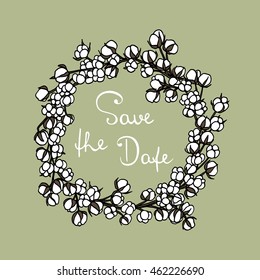 Vector wedding invitation card. Hand drawn cotton flowers wreath with hand written inscription. Beautiful floral wedding design.