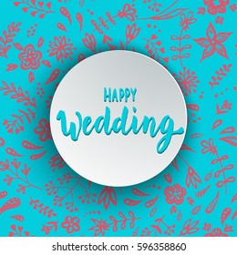 Vector wedding invitation card, hand drawn brush calligraphy design. Greeting card template with tender spring doodle floral pattern.
