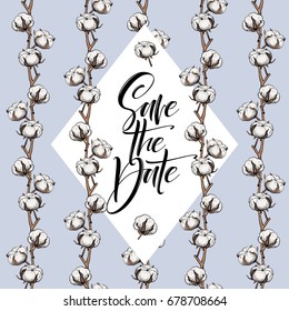 Vector wedding invitation card. Hand drawn cotton flowers with hand written inscription. Beautiful floral wedding design.