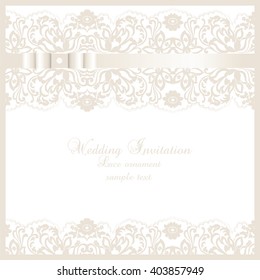 Vector Wedding Invitation card with lace floral ornament. Delicate lace design card with bow. Cream beige gold color