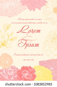 Vector wedding invitation card pink decorative flowers on a light background