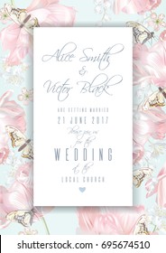 Vector wedding invitation card with pink tulip flowers and butterflies on white background. Romantic floral design for wedding ceremony, bridal brunch, engagement. Can be used as greeting card