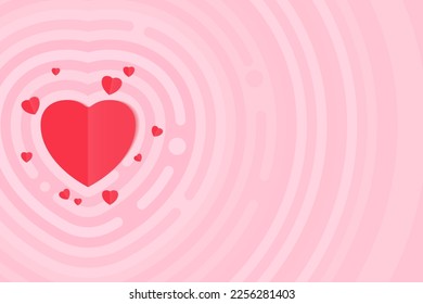 Vector wedding invitation card. Red paper hearts. Love anniversary pattern template. Pink vector background with simple heart shapes. Saint Valentine's cover. Circles, flat radial design. Like icon