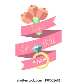 Vector wedding invitation card with ribbon, flowers, ring and text save the date