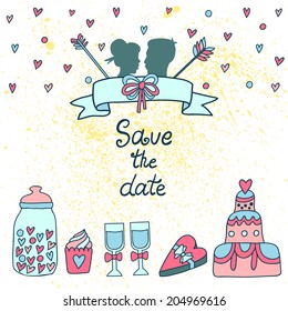 Vector wedding invitation card with ribbon, arrows, bow, couple silhouette, hearts, cake, cupcake, glasses, gift box, jar with candies. Retro template with cute hand drawing elements.