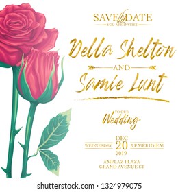 Vector wedding invitation card with roses and ornament. Poster decorative background template design illustration.