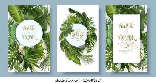 Vector wedding invitation card set with green tropical leaves on white background. Exotic botanical design for wedding ceremony. Can be used for cosmetics, spa, perfume, beauty salon, travel agency