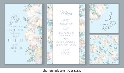 Vector wedding invitation card set with white tulip flowers on blue. Save the date, menu, table number cards, seamless pattern. Can be used as greeting card, floral design for cosmetic,beauty products