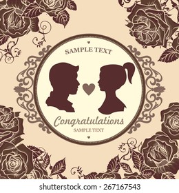 Vector Wedding Invitation Card with Silhouette of Just Married . Vintage card