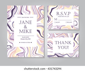 Vector Wedding invitation card suite with ink marble style texture. Hand drawn marbling effect. Background illustration in Pastel colors. Save the Date, rsvp, thank you card. Abstract wedding set.