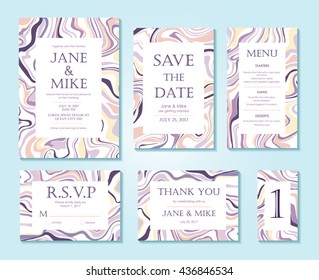Vector Wedding invitation card suite with ink marble style texture. Hand drawn marbling effect. Background pastel abstraction. Invitation, Save the Date, rsvp, thank you card, menu, table number.