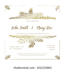 Vector wedding invitation card template with golden floral elements