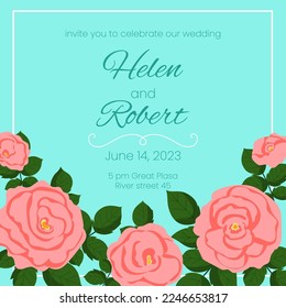 Vector wedding invitation card template with pink roses decoration. Background save the date , greeting card, flyer, brochure