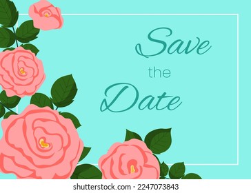 Vector wedding invitation card template with pink roses decoration. Background save the date , greeting card, flyer, brochure