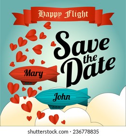 Vector wedding invitation card template with vintage colorful zeppelins. ribbon, clowds and hearts