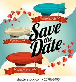 Vector wedding invitation card template with vintage colorful zeppelins. ribbon, clouds and hearts